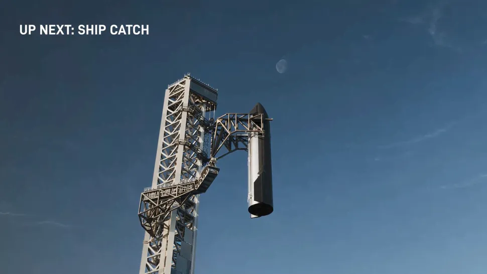 艺术家绘制的SpaceX公司回收其星舰巨型火箭上级的示意图,该公司预计将在该火箭的第15次试飞中完成这一操作。图源:SpaceX